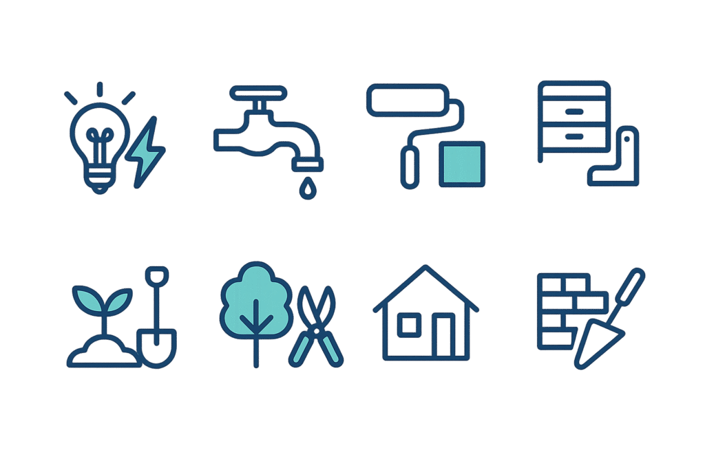 Pictogrammes des services Rapido Travaux : électricité, plomberie, peinture, montage de meubles, pause de parquet jardinage, taille, entretien terrassement maison